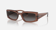 Brown square sunglasses with dark brown lenses and clear temple tips