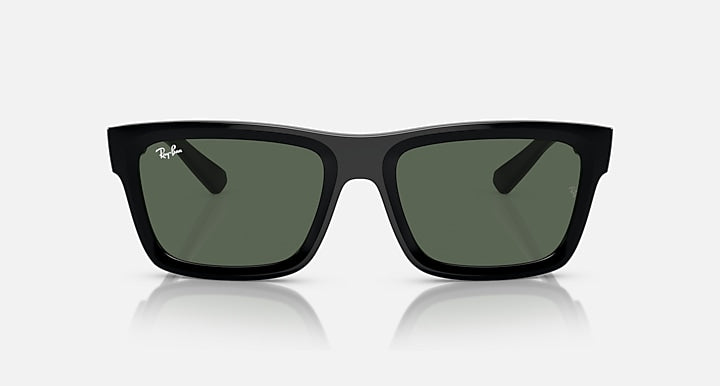 Ray-Ban sunglasses with black frame and dark green lenses, front view