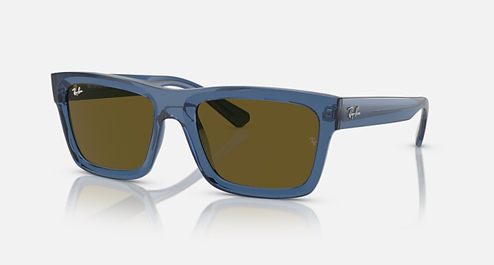 Ray-Ban sunglasses with blue frame and brown lenses, low-bridge square style