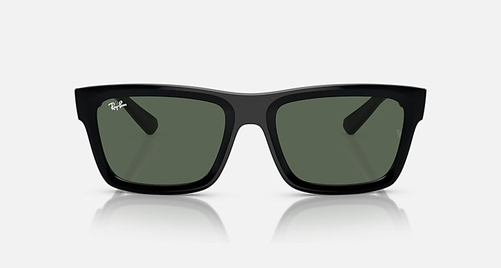 Black square sunglasses with dark green lenses, straight-on view