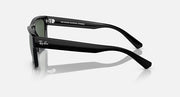 Black sunglasses with dark green lenses and curved arms, side view