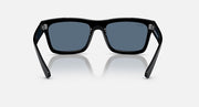 Black rectangular sunglasses with dark blue lenses and metal corner details.