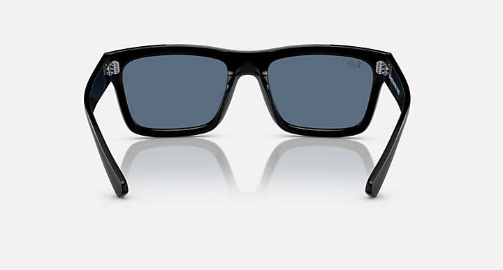 Black rectangular sunglasses with dark blue lenses and metal corner details.