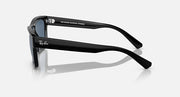 Black sunglasses with dark lenses, side view showing curved temple tips.