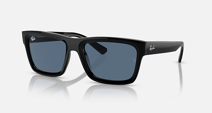 Black rectangular sunglasses with dark blue lenses and wide temples.