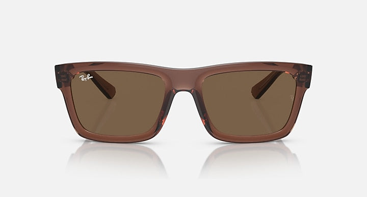 Transparent brown rectangular sunglasses with brown lenses, front view.