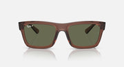 Transparent brown square sunglasses with dark green lenses, straight-on view