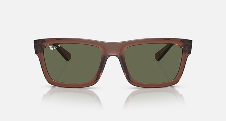 Transparent brown square sunglasses with dark green lenses, straight-on view
