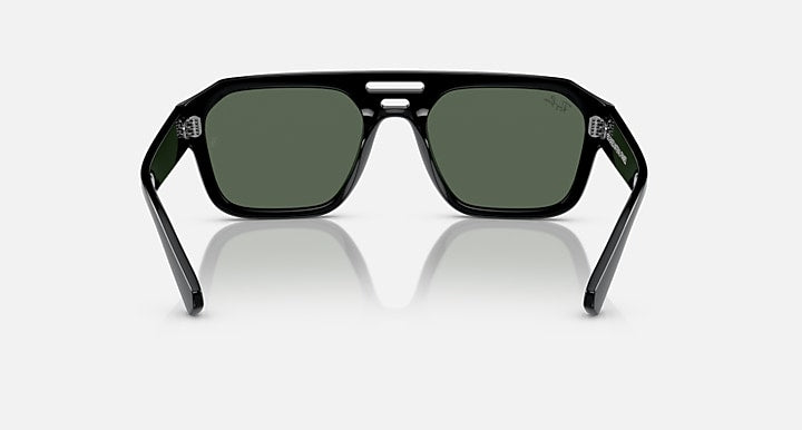 Rectangular sunglasses with black frame and dark green tinted lenses, front view