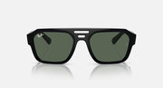 Rectangular sunglasses with black frame and dark green tinted lenses, front view