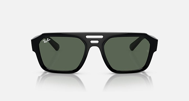 Rectangular sunglasses with black frame and dark green tinted lenses, front view