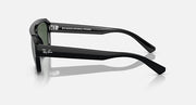 Rectangular sunglasses, black frame with green tinted lenses and visible hinge