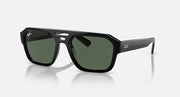 Rectangular sunglasses with black frame and dark green tinted lenses, temple logo