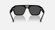 Rectangular sunglasses with black frame and dark gray tinted lenses, front view