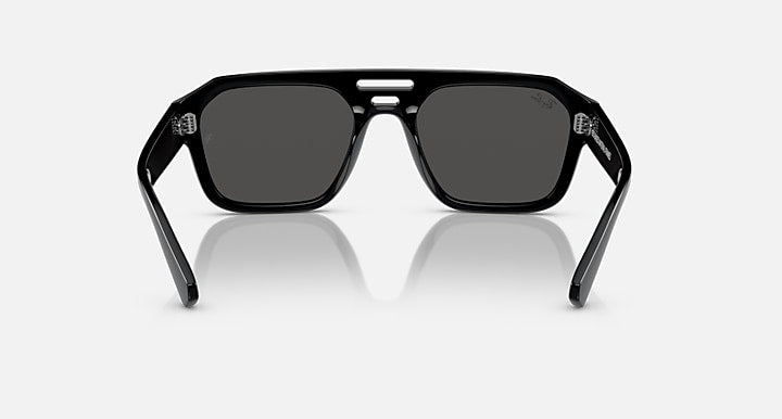 Rectangular sunglasses with black frame and dark gray tinted lenses, front view
