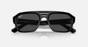 Rectangular sunglasses with black frame and dark tinted lenses, bridge detail