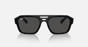 Rectangular sunglasses with black frame and dark gray tinted lenses, center bridge