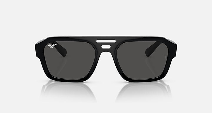 Rectangular sunglasses with black frame and dark gray tinted lenses, center bridge