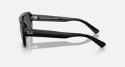 Rectangular sunglasses, black frame with dark lenses and extended temple arms