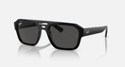 Rectangular sunglasses with black frame and dark green tinted lenses, logo temple detail
