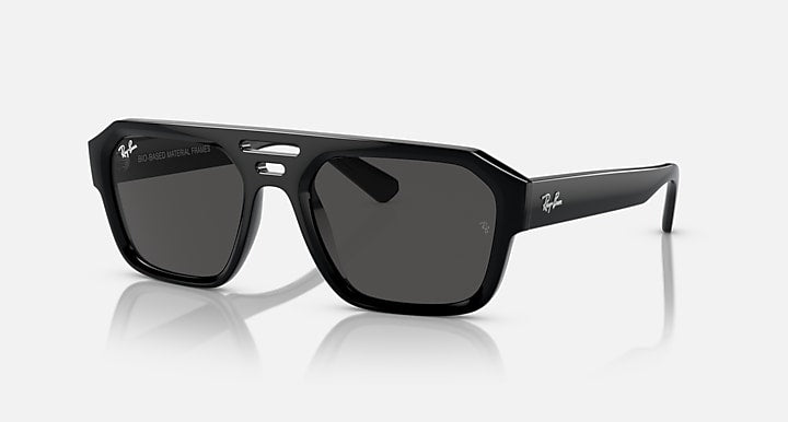 Rectangular sunglasses with black frame and dark green tinted lenses, logo temple detail