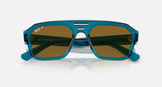 Blue-green sunglasses with brown lenses and wide frame front