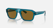 Blue-green square sunglasses with brown lenses and slim metal temples