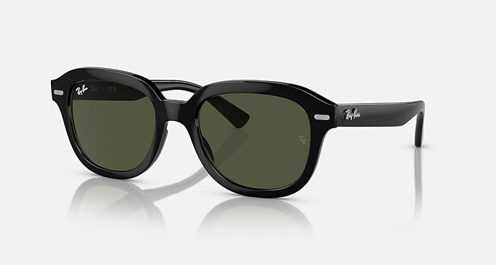Ray-Ban Erik low-bridge sunglasses in black frame with green-tinted lenses, front view