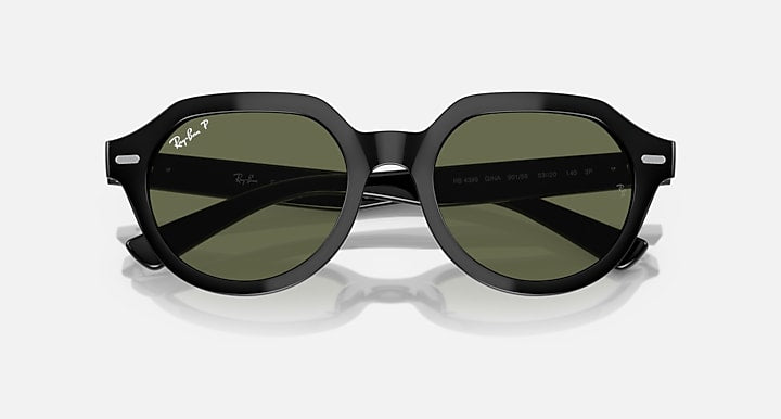 Ray-Ban Gina sunglasses with black frame and dark green gradient lenses, front close view