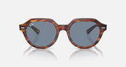 Ray-Ban Gina round sunglasses with tortoiseshell brown frames and blue-gray lenses, angled