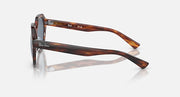 Ray-Ban Gina round sunglasses side view; tortoiseshell brown frame with blue-gray lens