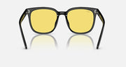 Black frame sunglasses with yellow mirrored lenses, front view