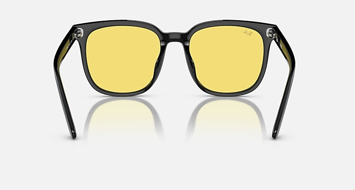 Black frame sunglasses with yellow mirrored lenses, front view