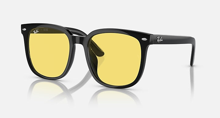 Black sunglasses with yellow mirrored lenses and square frames