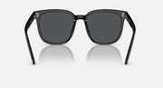 Black frame sunglasses with dark grey tinted lenses, front view