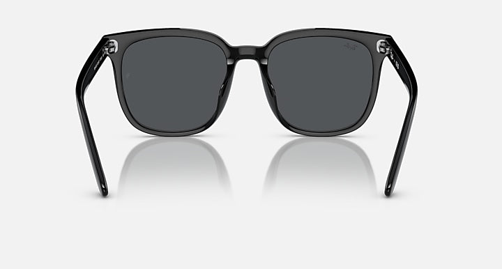 Black frame sunglasses with dark grey tinted lenses, front view