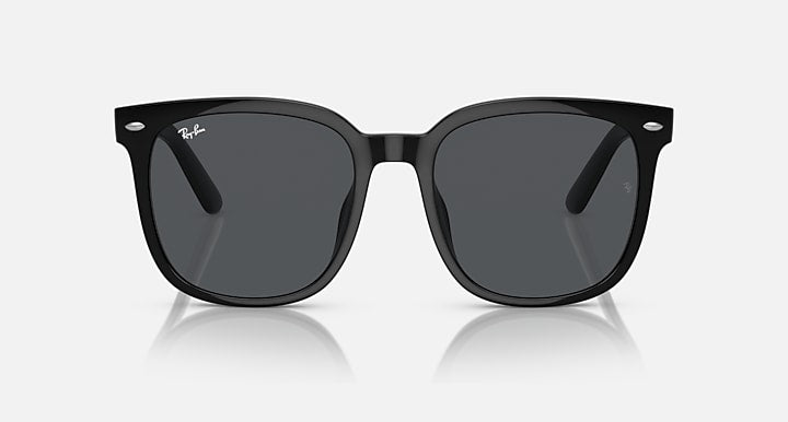 Black frame sunglasses with dark grey lenses, front view