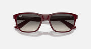 Ray-Ban RB4404M sunglasses, angled top view with dark red frames and grey lenses