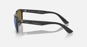 Ray-Ban RB4404M sunglasses, side view of black frames with blue mirrored lenses