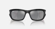 Black sunglasses with dark grey lenses, squared frames, and low-profile nose bridge