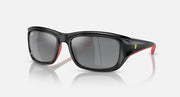 Black sunglasses with dark grey mirrored lenses and red rubber temple tips