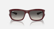 Dark red sunglasses with grey tinted lenses and low-profile rectangular frames