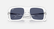 Transparent rectangular sunglasses with dark navy mirrored lenses
