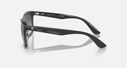 Side profile dark gray wayfarer sunglasses with metal hinge and temple branding.