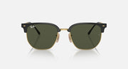 Ray-Ban Clubmaster sunglasses front view with black frames, gold bridge, dark green lenses