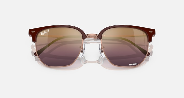 Ray-Ban New Clubmaster RB4416 sunglasses, maroon frame with purple mirrored lenses and rose-gold details