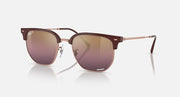 Ray-Ban New Clubmaster RB4416 sunglasses, maroon frame with rose-gold arms and purple lenses