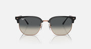 Clubmaster sunglasses with dark gray lenses and black frame, rose-gold metal bridge