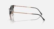 Clubmaster sunglasses side view, dark gray lenses with black frame and rose-gold temples