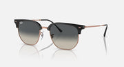 Ray-Ban New Clubmaster sunglasses with dark gray lenses and black frame, rose-gold arms